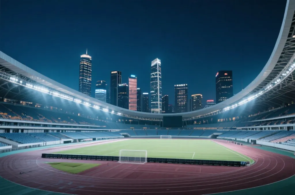 现代体育场夜景与城市天际线,展示大型赛事承办氛围